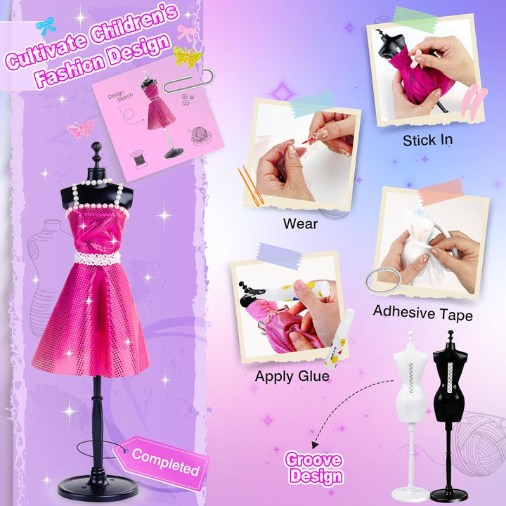 800+Pcs Fashion Designer Kit for Girls, Sewing Kit with 4 Mannequins, DIY Arts and Crafts Kit for Kids, Doll Clothes Making Kit, Girl Toys for Age 6 7 8 9 10 11 12 Year Old Gifts