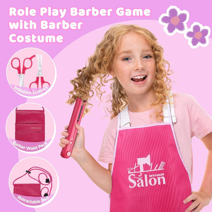 Pretend Hair Salon Toys for Girls,Pretend Makeup for Toddlers Dress up Beauty Salon Set Stylist Kit with Hair Dryer Apron Curling Flat Scissors Accessories Girl Gifts