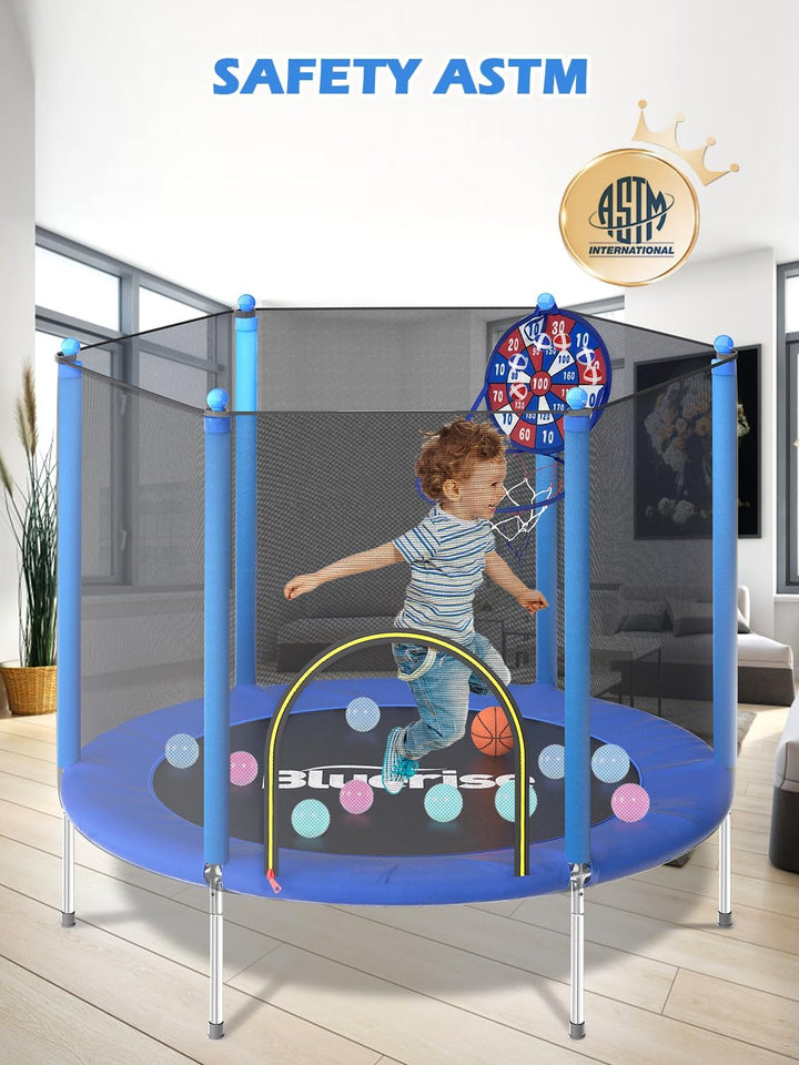 Trampoline 55IN 6FT Toddler Trampoline for Kids Indoor Outdoor Play for Kids Trampoline Basketball Hoop Attachment with Enclosure Net Easy to Assemble Outdoor Indoor Trampoline