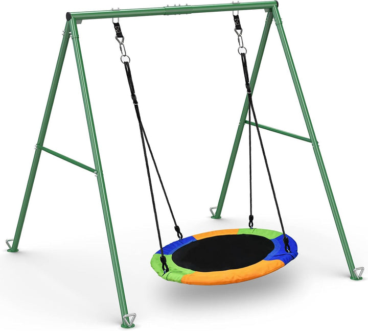 440Lbs Capacity Flying Saucer Swing Set with Heavy Duty A-Frame Metal Swing Stand, Full Steel, Outdoor for Kids, Backyard, Playground, Outdoor