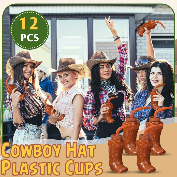 12 Pcs 10 Oz Plastic Cowboy Boot Cups with Straws and Lids Plastic Cowboy Cups for Western Themed Party Supplies and Rodeo Party Decorations (Brown)