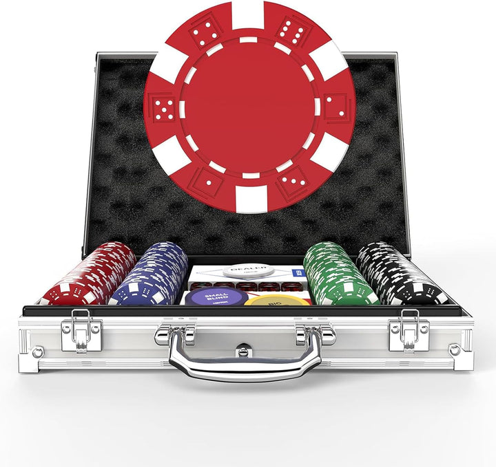 Poker Set with Denominations, 300-Pcs 11.5G Weighted Numbered Chips, 5 Dice, 2 Decks with Compact Aluminum Case for Texas Hold'Em, Blackjack, Age 8 and Plus
