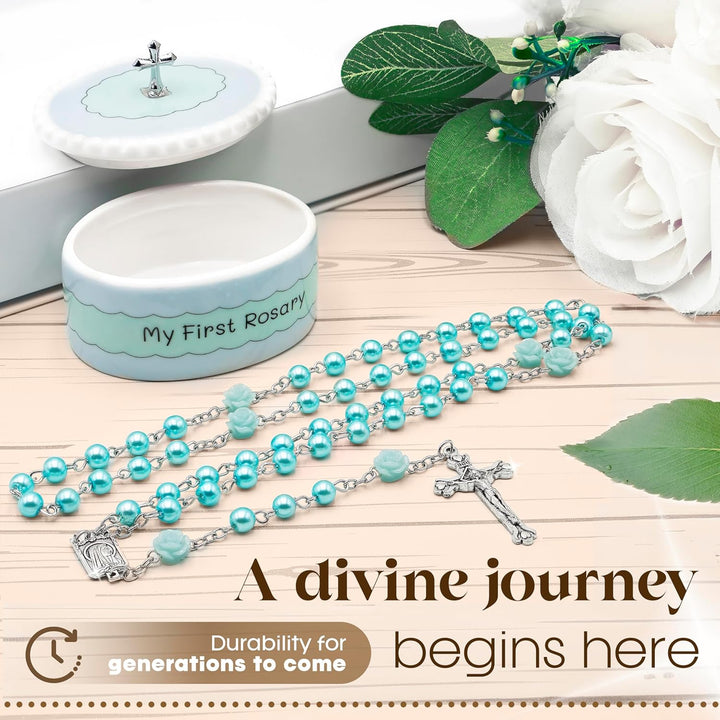 Blue My First Rosary and Keepsake Box, Catholic Baptism Gifts for Boys, Blessed First Communion Gifts for Boys or Girl Christening from Godparents