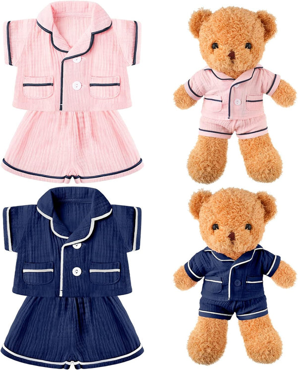 2 Sets Bear Clothes Stuffed Animal Accessories Pink and Blue Bear Pajamas Clothes Double Layer Muslin Short Sleeve Top and Bottom Pajamas Fits Most 14-18 Inch