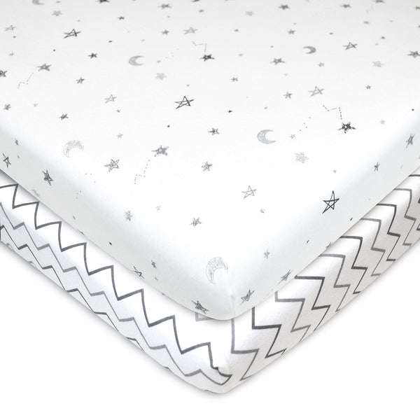 2 Pack 100% Natural Cotton Fitted Pack and Play Sheets 39" X 27" - Soft & Breathable Pack N Play Sheets for Playard & Mini Crib Mattress, Gray Star/Gray Zigzag, for Boys & Girls
