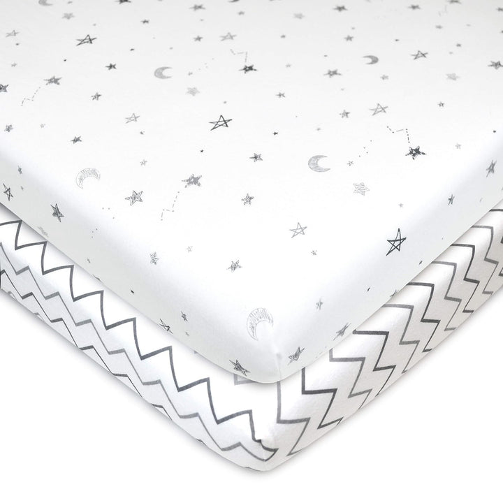 2 Pack 100% Natural Cotton Fitted Pack and Play Sheets 39" X 27" - Soft & Breathable Pack N Play Sheets for Playard & Mini Crib Mattress, Gray Star/Gray Zigzag, for Boys & Girls