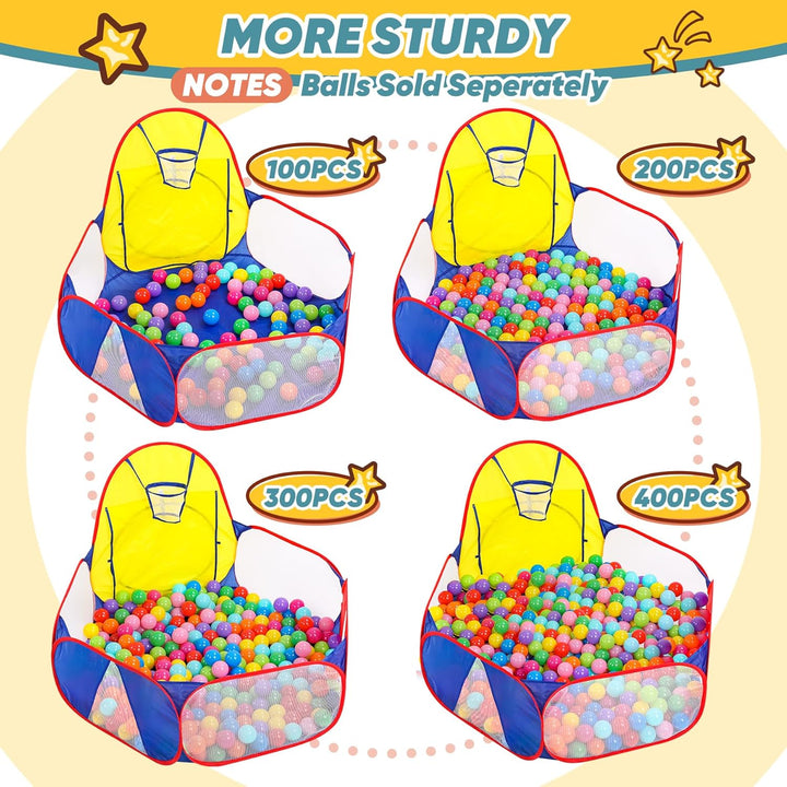 Kids Ball Pit Large Pop up Childrens Ball Pits Tent for Toddlers Playhouse Baby Crawl Playpen with Basketball Hoop and Zipper Storage Bag, 4 Ft/120Cm, Balls Not Included (Blue Yellow Red)