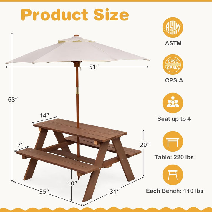 Kids Picnic Table, Outdoor Wooden Bench Set W/Removable Umbrella, Children Backyard Furniture for Patio Garden, Toddler Picnic Table for Outdoors, Gift for Boys Girls, Walnut