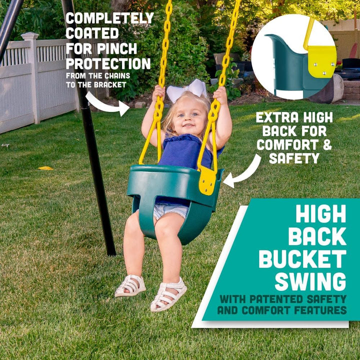 Premium High Back Full Bucket Toddler Swing Seat with Finger Grip, Plastic Coated Chains and Carabiners for Easy Install - Green -