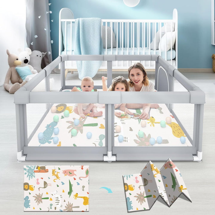 74" ×50" Large Baby Playpen, Baby Playard for Babies and Toddlers, Baby Fence Play Pens for Indoor & Outdoor, Sturdy Safety Play Yard with Soft Breathable Mesh, Anti-Fall, Grey