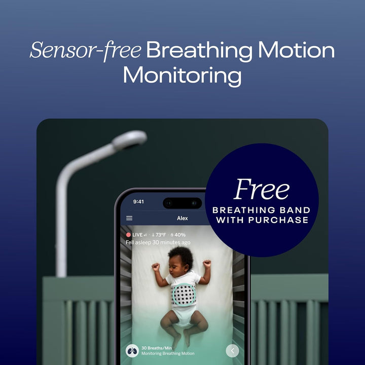 Pro Smart Baby Monitor & Wall Mount – 1080P Secure Wi-Fi Video Camera, Sensor-Free Sleep & Breathing Motion Tracker, 2-Way Audio, Sound & Motion Alerts, Night Vision, and Breathing Band - White