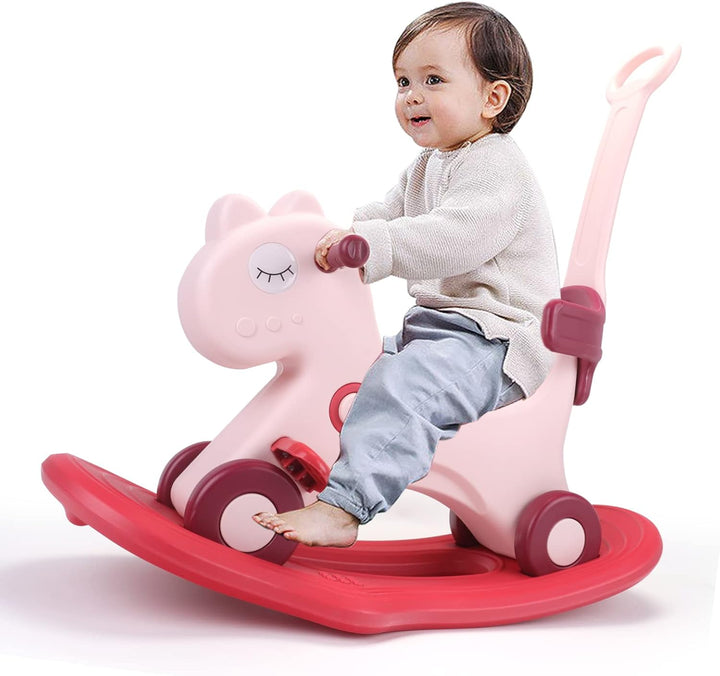 4 in 1 Rocking Horse for Toddlers 1-3 Years Old, Baby Rocking Toy Fun Birthday Gift for 1+ Boys, Ride on Toy with Detachable Balance Board and Footrest，Balance Bike with Push Handle，Blue