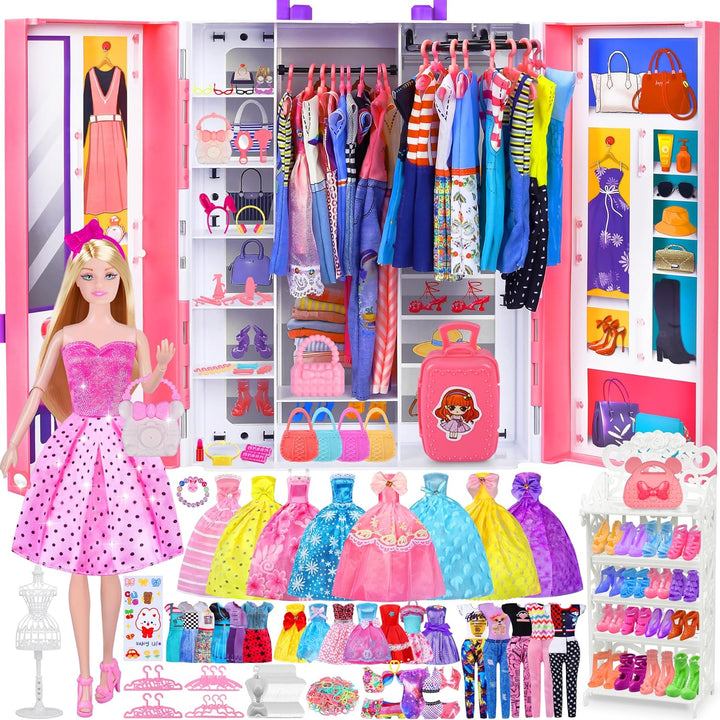 135 Pcs Doll Clothes and Accessories with Doll, Princess Gowns, Fashion Dresses, Slip Dresses, Top, Pants, Jumpsuit, Swimsuits, Shoes, Hangers, Doll Dress up Toys for Girls Kids Toddlers Toy Gifts