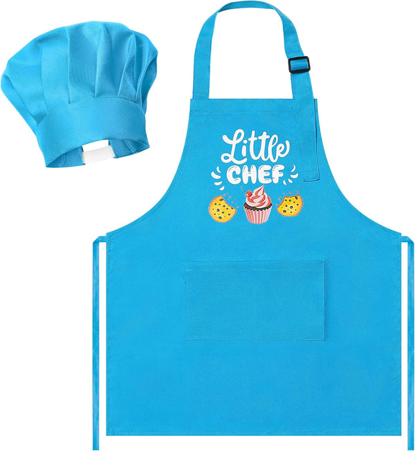 2 Pcs Kid Apron and Chef Hat Set, Adjustable Children Blue Kitchen Apron Cooking Baking Painting and Training Kits Dress up Role Play Chef Toy Kid Funny Cooking Gift New Year