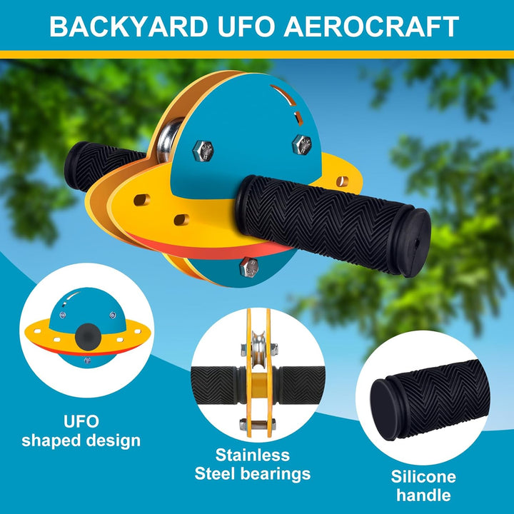 Zip Line Kit for Kids and Adults Outdoor, UFO Trolley 75/100/120/150Ft Zipline for Backyard, up to 350 Lbs, Included Swing Seat, Ziplines Stainless Steel Brake and Safety Cable