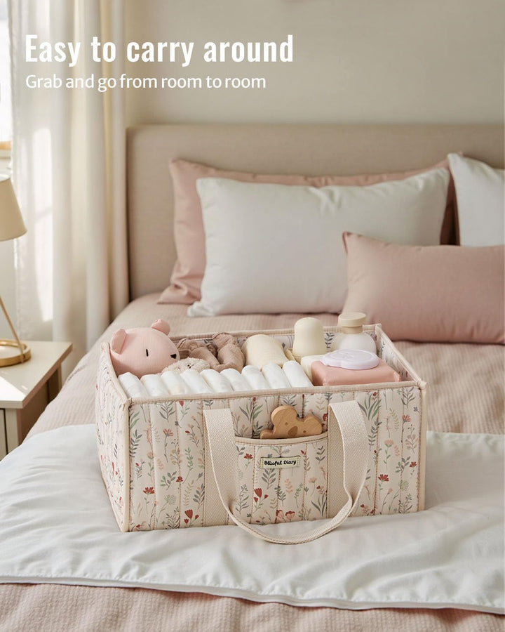 Floral Diaper Caddy Organizer, Stylish Nursery Storage Basket, Gift for Baby Shower, Newborn Essentials, Floral Beige