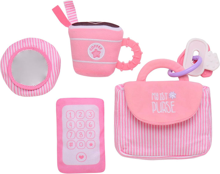 4 Piece Plush My First Purse Play Set with Sensory Toys and Bonus Teether Keys for Baby, Pink Stripe, 8 Inch