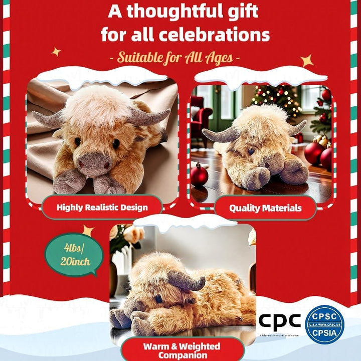 20" | 4 Pounds Highland Cow Weighted Stuffed Animals with Unscented Microwavable Heating Pad, Cute Coolable Heatable Weighted Plush Warm Gift for Kids & Adults