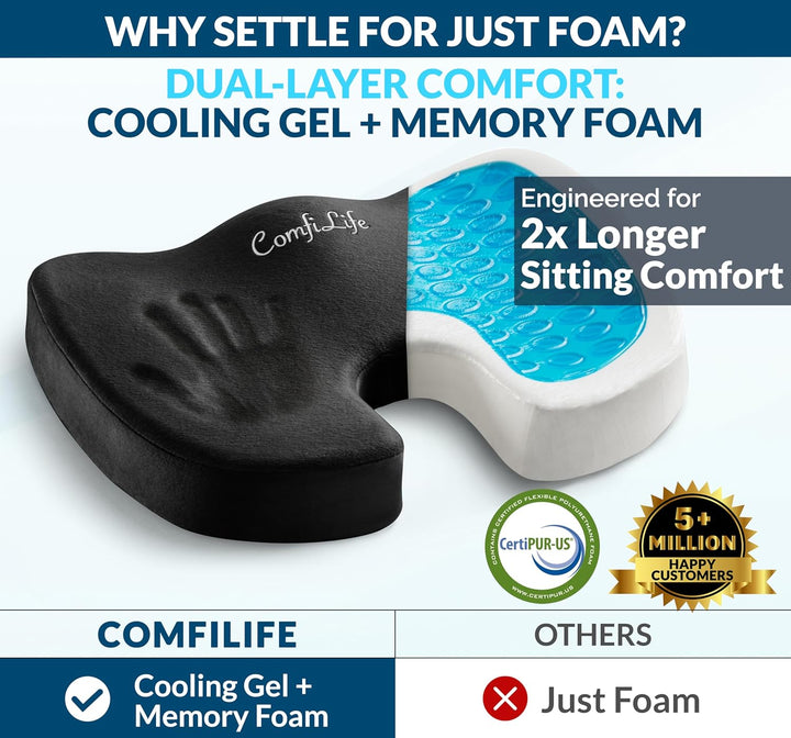 Premium Gel & Memory Foam Seat Cushion – Doctor Recommended Office Chair Cushion, Car Seat Cushion – Chair Cushions for Back & Sciatica Pain Relief – Seat Cushions for Office & Desk (Black)