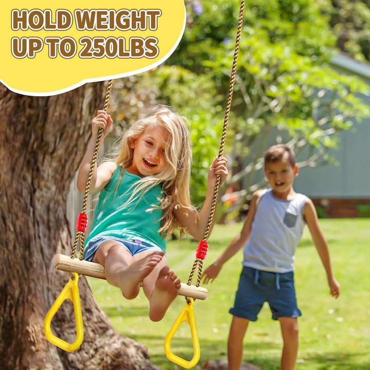 Wooden Trapeze Swing Bar, Adjustable Height Swing Set, Gym Rings, Playground Attachments, 16.5" Monkey Bar for Backyard, Playground, Playroom