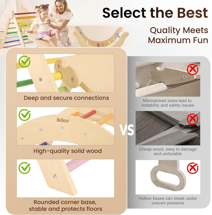 7-In-1 Climbing Toys for Toddlers 1-3 Inside, Foldable Wooden Montessori Climbing Set Indoor, Pikler Triangle Set with Arch, Ramp & Ladder - Rainbow