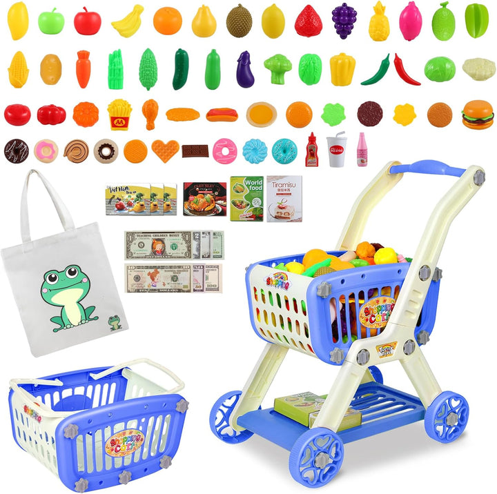 Kids Shopping Cart - 2 in 1 Toy Shopping Cart with Play Food Fruit Vegetable Dessert and Shop Accessories, 72Pcs Pretend Play Grocery Store Toy Kitchen Game Trolley Play Set for Kids (Pink)