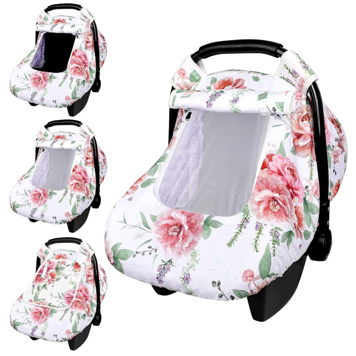 Floral Baby Carseat Cover Girls,  Infant Car Seat Covers Canopy for Newborn with 2 Layers Windows of Breathable Mesh/Fabric, Lightweight Polyester/Minky Dot Backing, Snug Fit Most Baby Car Seat