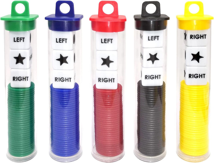 Left Right Center Dice Game Prime Set Bundle with 3 Dices + 36 Chips. round Tube Storage Is Very Convenient for Travel. Easy to Store, Carry Around. (Blue)