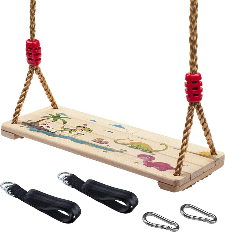 Wooden Swing Seat, Nostalgic Outdoor Wood Swing for Kids Adults, Tree Straps Set Accessories for Backyard Patio Garden Playground, Height Adjustable (Raw Wood)