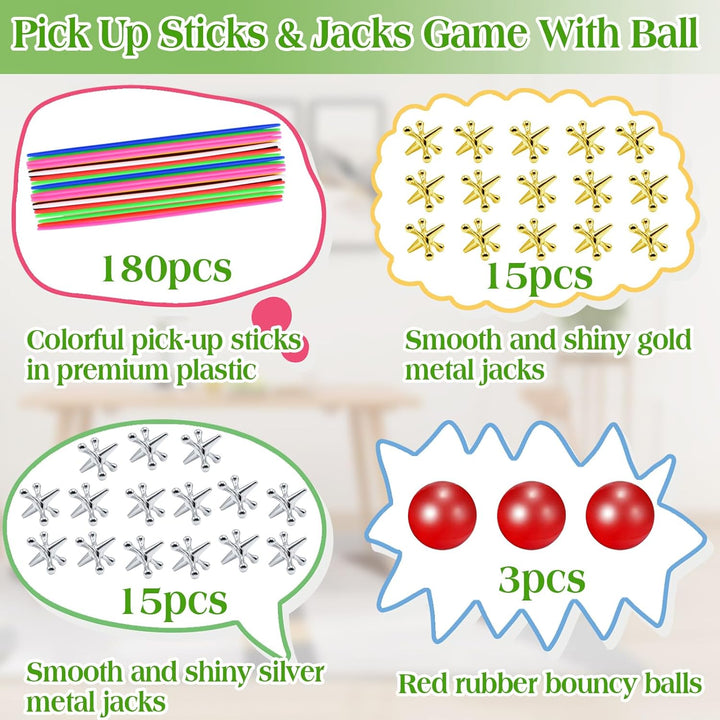 3 Sets Jacks Game and Pick up Sticks, 180 Pcs Sticks and 30 Pcs Metal Jax with 3 Pcs Red Rubber Balls, Classic Pick up Sticks Game for Kids Adults Family