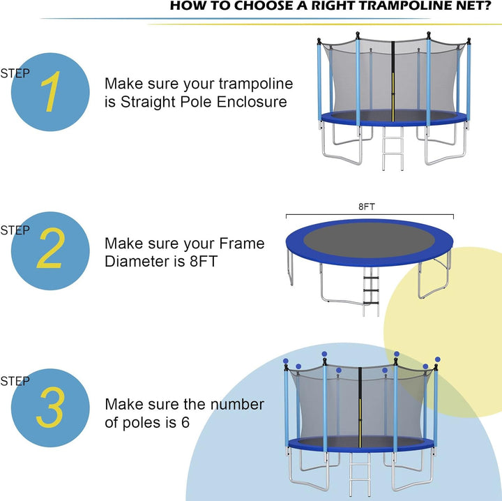 Trampoline Safety Net W/Adjustable Straps, 8 10 12 14 15 16Ft Weather-Resistant Replacement Enclosure Net with Double-Headed Zipper, Protection Buckle, Poles Not Included