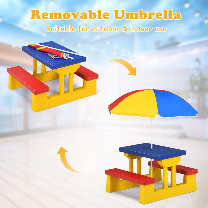 Kids Picnic Table, Indoor & Outdoor Table and Bench with Removable Umbrella, Portable Toddler Picnic Table and Chair Set for Garden, Backyard, Patio