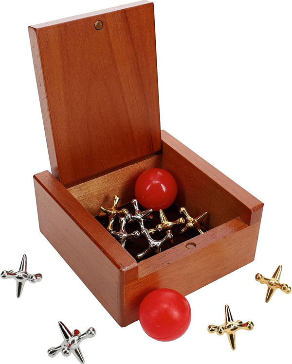 Metal Jacks Set – Classic Jacks Game with 2 Red Balls in Keepsake Wooden Box – Nostalgic Floor Game