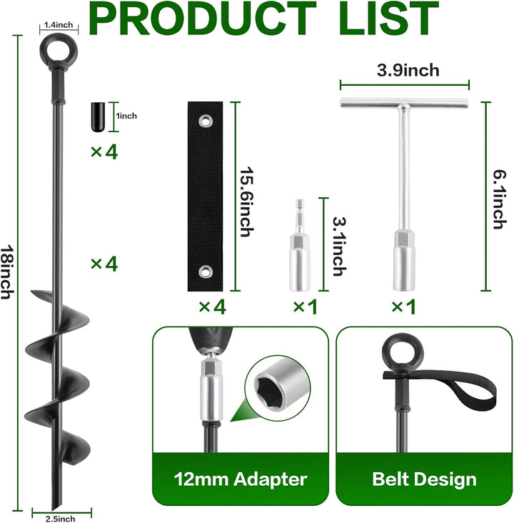 18-Inch Ground Anchors Screw in Heavy Duty, 4 Pack Trampoline Anchors & Stakes High Wind with Wrenches and Straps, Earth Anchors Kit for Swing Sets, Sheds, Camping Tent, Canopies, Mobile Home