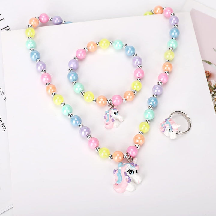 Unicorn Stretch Necklace Little Girl Toddler Necklace Bracelet Set, Little Princess Jewelry Accessories Favors Bags for Girls (2)