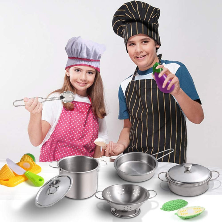 Kitchen Pretend Play Toys with Stainless Steel Cookware Pots and Pans Set, Cooking Utensils, Apron & Chef Hat, Cutting Vegetables for Kids, Girls, Boys, Toddlers