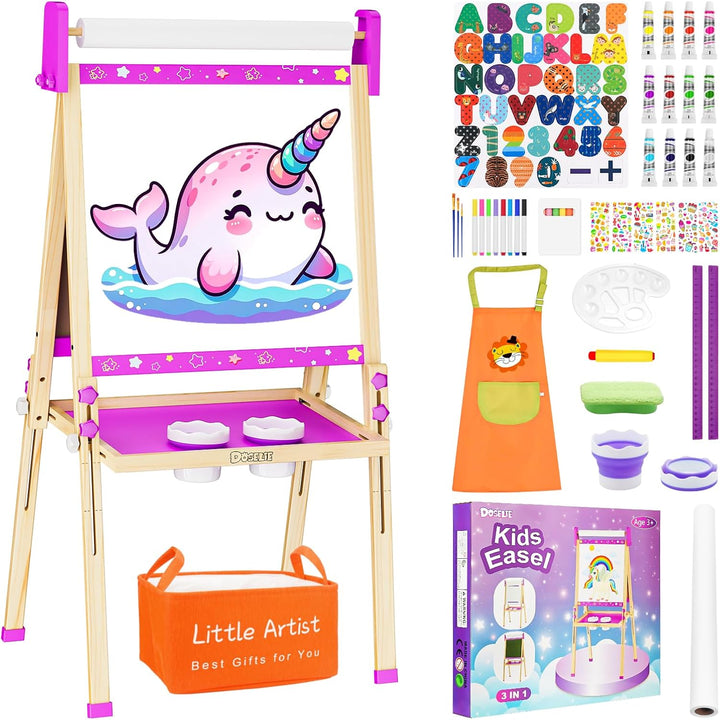 Easel for Kids,Adjustable Wooden Toddler Art Easels, Girls Toys for Ages 5-7,8-13,2-4, Magnetic White Board and Chalk Board with Art Supplies, 2 3 4 5 6 7 8 9 10 Year Old Girl Birthday Gift