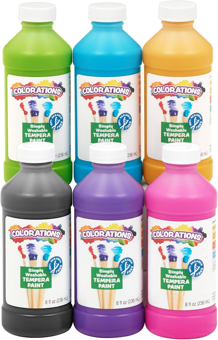 Paraben-Free Washable Tempera Paint for Kids - 8 Ounce Bottles, Set of 6 Primary Colors, Non-Toxic and Made in the USA