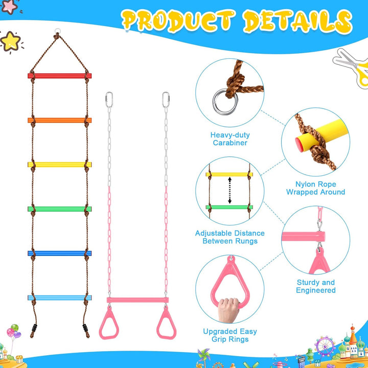 2 Pack Gym Swing Sets 48'' Trapeze Swing Bar Monkey Bar Heavy Duty Chain with Locking 6.8Ft Climbing Rope Ladder Climbing Game for Accessories Tree House Playground Outdoor Play (Pink)
