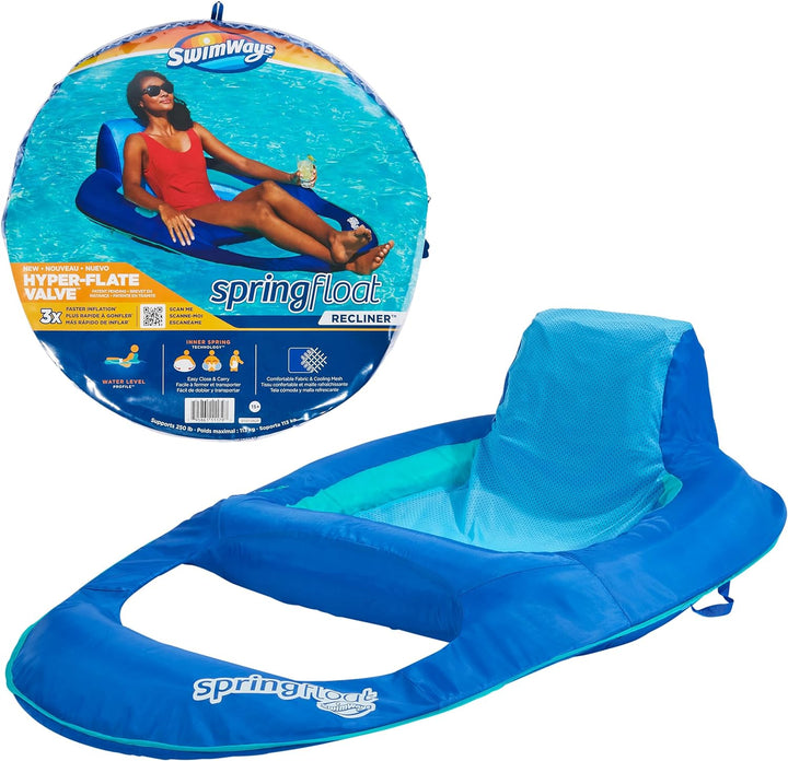 Spring Float Premium Recliner Pool Lounger, Inflatable Pool Floats Adult with Fast Inflation for Ages 15 & Up, Sky Blue