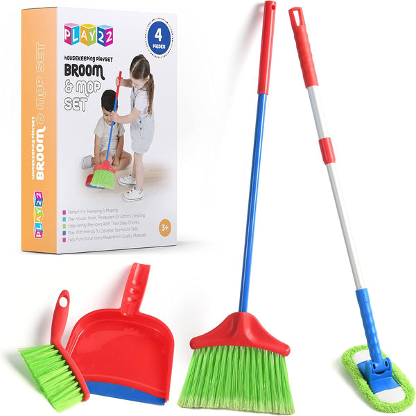 Kids Cleaning Set 4 Piece - Toy Cleaning Set Includes Broom, Mop, Brush, Dust Pan - Toy Kitchen Toddler Set Is a Great Toy Gift for Boys & Girls