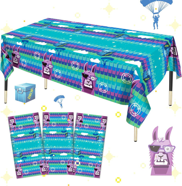 Llama Theme Party Tablecloth 3 PCS, Plastic Disposable Video Games Table Cover for Game Fans Birthday Party Decorations Supplies, 86.6 X 51.2In