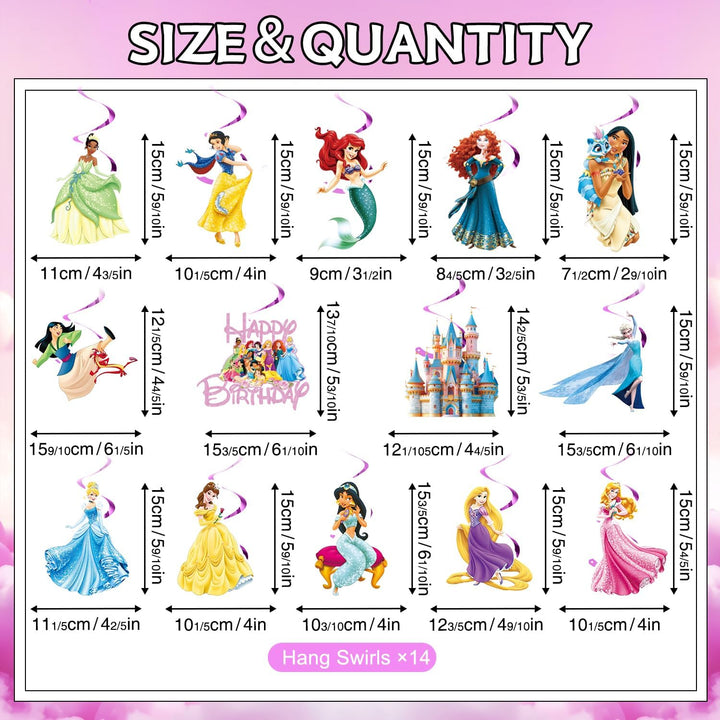 Princess Birthday Party Decorations Include 1Pc Glitter Happy Birthday Banner,1Pc Princess Banner and 14Pcs Cute Hanging Swirls for Girls, Pre-Assembled Party Decorations