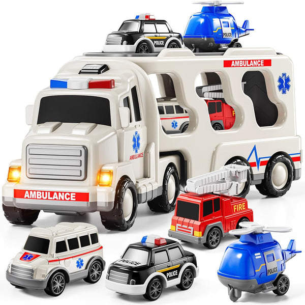 5-In 1 Play Ambulance Toy Vehicle Toddler Truck Toys for 3 4 5 6 7 Year Old Boys - Friction Powered Cars with Light and Sound, Police Car, Fire Truck, Ambulance Car, Birthday Gifts for Kids