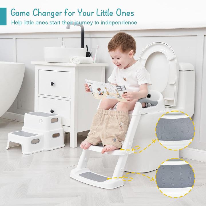 Potty Training Toilet Seat with Step Stool Ladder, Toddler Kids Potty Seat for Boys Girls, Non Slip Foldable Toilet Training Seat with Soft Cushion, Comfortable Handles (White-Grey)