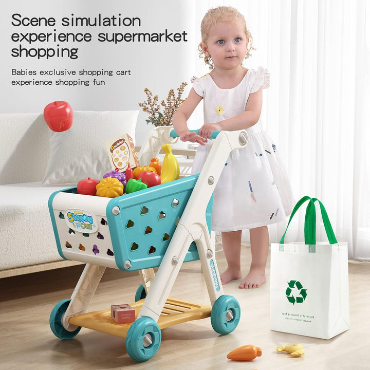 102Pcs Kids Shopping Cart Trolley Play Set with Pretend Food and Accessories,Perfect for Ages 3+ Pretend Play and Role-Playing Games