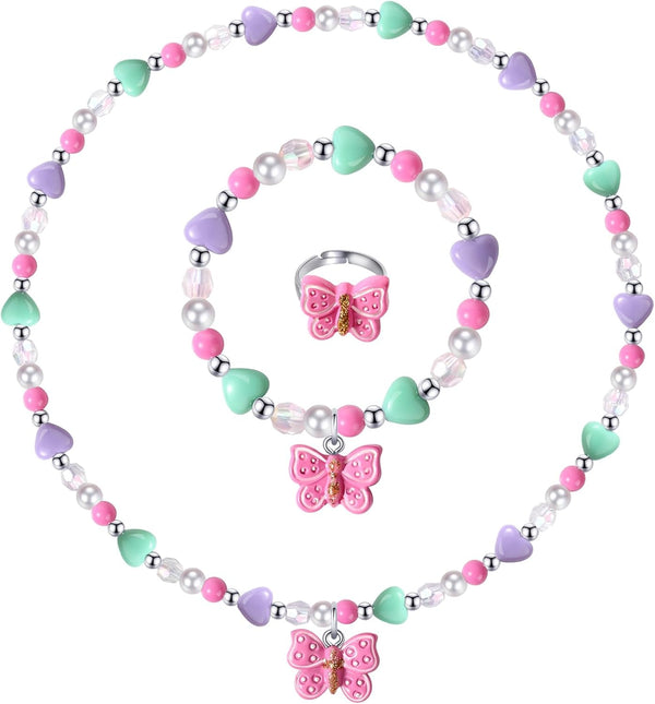 Girls Colorful Butterfly Jewelry Set - Toddler Butterfly Necklace Girls Pretend Plasy Toy Jewelry Box Set with Bead Necklace, Bracelet and Ring - Play Accessories - Ages 3+ Girl Birthday Gifts-Style 2