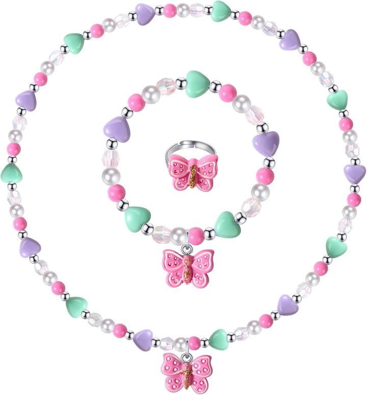 Girls Colorful Butterfly Jewelry Set - Toddler Butterfly Necklace Girls Pretend Plasy Toy Jewelry Box Set with Bead Necklace, Bracelet and Ring - Play Accessories - Ages 3+ Girl Birthday Gifts-Style 2