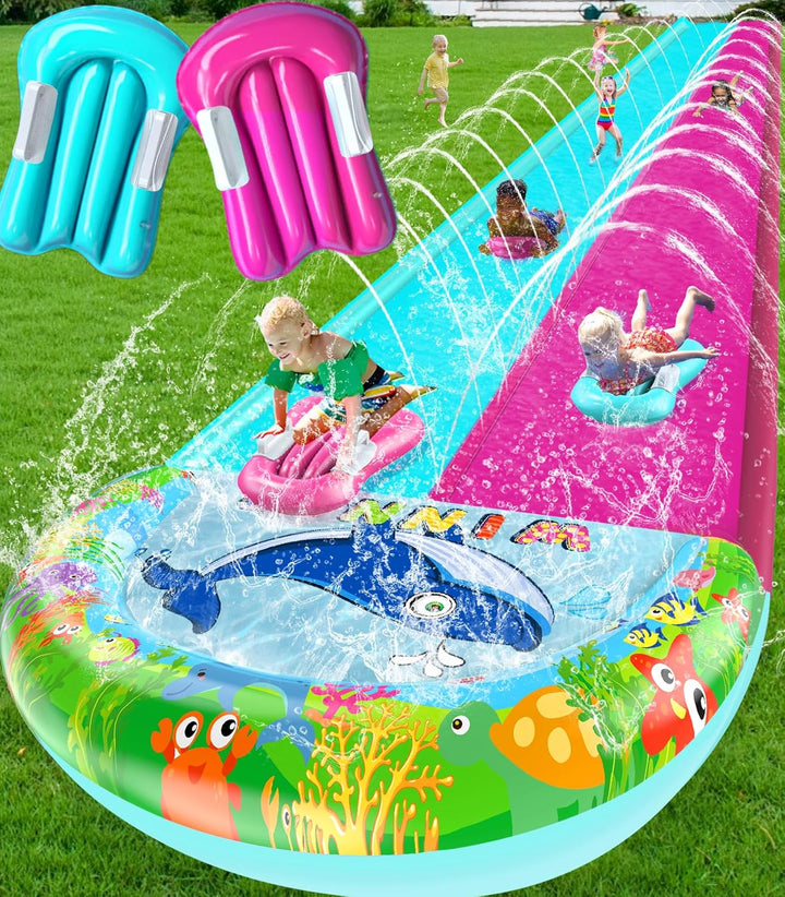 33FT Slip Lawn Water Slide for Kids Adults, Extra-Long Double Lanes Heavy Duty Slides & Side Fences, Giant Water Slide with Splash Pool, 2 Inflatable Bodyboards, Slip Backyard Summer Water Play Toy