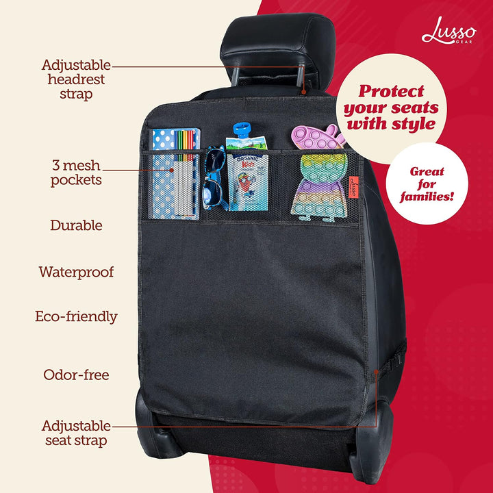 Car Seat Back Protector Cover for Kids (2 Pack) - Black, 3 Mesh Pockets - Backseat Car Organizer - Waterproof & Machine Washable - Protects against Mud, Scuffs & Spills